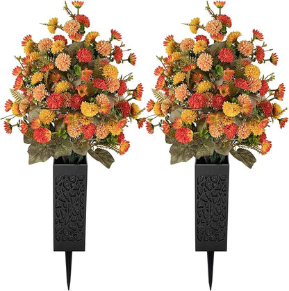 Artificial Cemetery Flowers for Grave: 2 Pcs Fake Fall Flowers for Cemetery Orange Mums Bouquets with Vases - Outdoor Grave Decorations