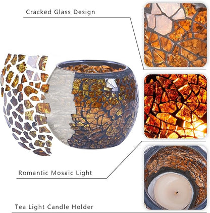 Scented Candle Holder Mosaic Glass Tea Light Holder,Handmade Romantic Glass Tealight Candle Holder for Aromatherapy,Party Décor(NO Candles),Also Used as Vase,Pen Holder,Potted Plants Bowl (Amber)