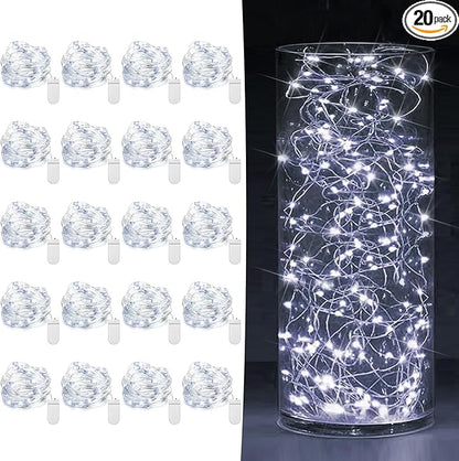 20 Pack Fairy Lights Battery Operated 7ft 20 LED Mini String Lights Twinkle Lights Silver Wire Firefly Starry Lights for Mason Jars Wedding Party Christmas Centerpiece Table Decorations, Cool White
