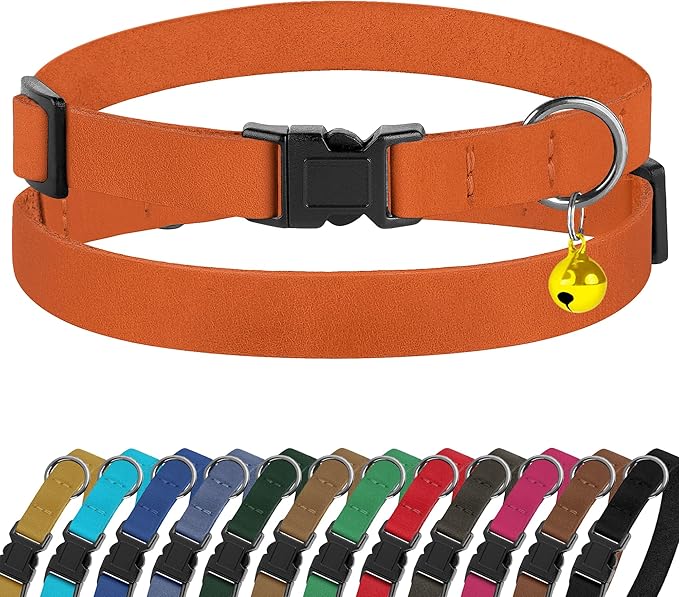 Breakaway Cat Collar Leather with Removable Bell - 13 Colors Available - Soft Adjustable Girl Boy Safety Lightweight Pet Kitten Collars Pink Brown Blue Green Red Orange Black (Orange)-Mewly Pet