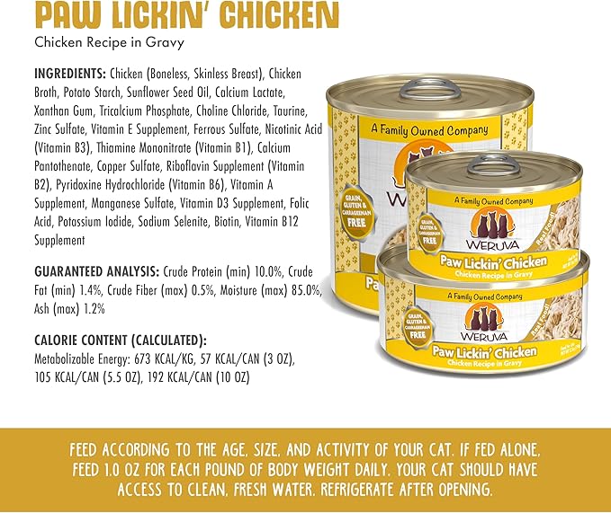 Weruva Classic Cat Food, Paw Lickin’ Chicken with Chicken Breast in Gravy, 3oz Can (Pack of 24)-Mewly Pet