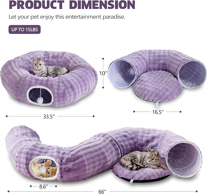 Bubble Cat Tunnel for Indoor Cats, Round Peekaboo Cave Toy with Dangling Balls, Donut Tunnel Bed with Circle Mat for Puppy Kitten Rabbit, Dusty Purple-Mewly Pet