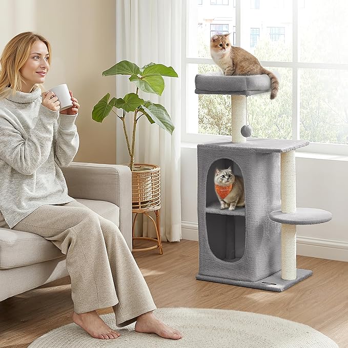 Feandrea Cat Tree Tower with 2 Caves for Multi-Cat Households, Kittens, Scratching Posts, Light Gray UPCT005G01-Mewly Pet