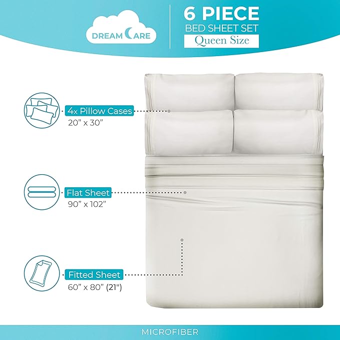 DREAMCARE Queen Sheet Set – 6 pcs Cooling Bed Sheets – up to 21” Deep Pocket Queen Sheets Set – 2500 Supreme Collection – Extra Soft 100% Brushed Microfiber Hotel Luxury with Side Pocket – Ivory