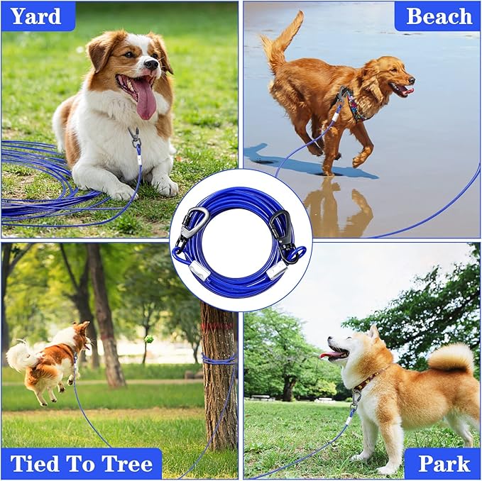 Tie Out Cable for Dogs, 100FT Dog Leads for Yard Chew Proof, Heavy Duty Dog Tie Out Cable for Large Dogs Up to 250lbs, Durable Dog Runner for Yard or Camping-Mewly Pet