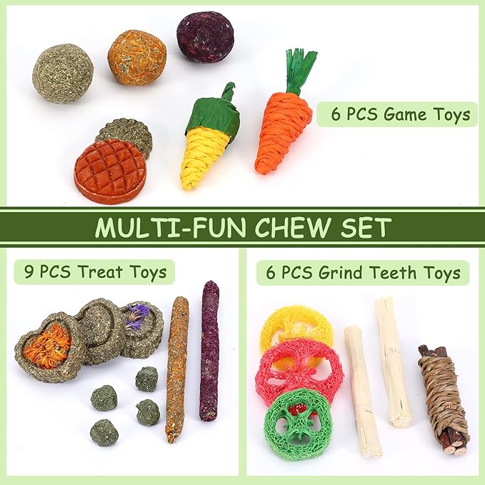 VESPRO Bunny Toys, 21PCS Rabbit Chew Toys for Teeth, Guinea Pig Natural Treats, Timothy Hay Sticks for Chinchillas Hamsters Rats, Small Animals Teeth Grinding-Mewly Pet