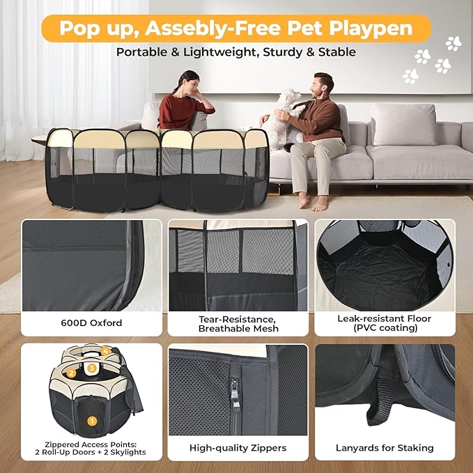 EighteenTek 2-in-1 Pop Up Cat Playpen, Assembly-Free Dog Puppy Pet Playpen, Indoor Outdoor Cats Enclosed, Cat Tent House Crate Cage, Portable & Foldable Playpen for Kittens(No Divider, Unified Space)-Mewly Pet