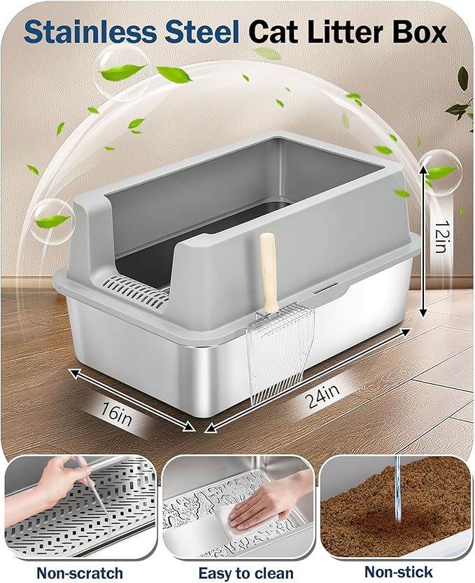 Stainless Steel Sifting Litter Box with Lid, Metal Litter Pan with Scoop for Big Cats Multi Cat, Extra Large Cats Litterbox Odor Control Easy Clean (24 * 16 * 12inch-with Enclosure, X-Large)-Mewly Pet