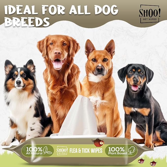 Shoo! Flea & Tick Wipes for Dogs | Convenient, Easy On-The-Go Protection | Plant Based, Natural Oils, Chemical Free | Repels & Prevents | 50 XL Wipes | (Woodland Harmony)-Mewly Pet