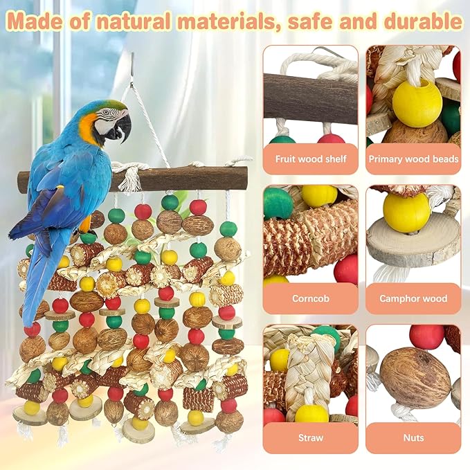 PINVNBY Large Parrot Toys Natural Nuts Corn Cob Wooden Chewing Tearing Toy for African Grey Macaws Amazon Cockatoos Eclectus Conures Cockatiels Cockatoo and Large Medium Parrot Birds (Colorful)-Mewly Pet
