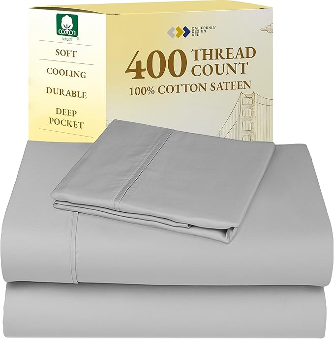 California Design Den Natural 100% Cotton Sheets, Twin XL Sheets Set, 400 Thread Count Sateen Bedding for Dorm Rooms & Adults, Deep Pockets, Cool & Durable - Light Grey