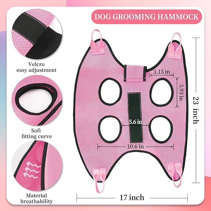 PatiencET Dog Grooming Hammock, Pet Grooming Hammock for Cats & Dogs with Security Strap, Dog Sling for Nail Trimming with Nail Clippers/Trimmer, Nail File, Pet Comb(Pink S)-Mewly Pet