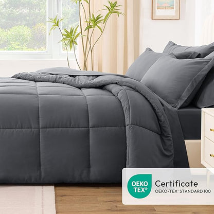 Love's cabin King Size Comforter Set Soot Grey, 7 Pieces King Bed in a Bag, All Season Bedding Sets with 1 Comforter, 1 Flat Sheet, 1 Fitted Sheet, 2 Pillowcase and 2 Pillow Sham