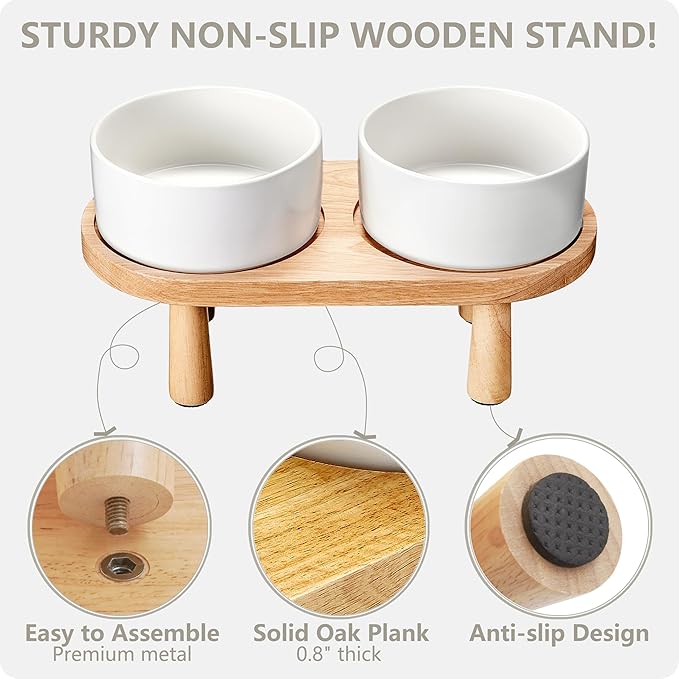 Ceramic Elevated Dog Bowls, Pet Food and Water Bowl Set for Small Dogs and Cats, 1.7 Cups Elevated Cat Bowls with Wood Stand, 14OZ, White-Mewly Pet