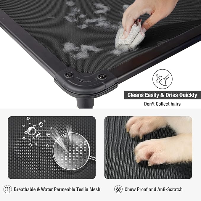Veehoo Chew Proof Elevated Dog Bed - Cooling Raised Pet Cot - Rustless Aluminum Frame and Durable Textilene Mesh, Unique Designed No-Slip Feet for Indoor or Outdoor Use, Black, Medium, CWC2002-Mewly Pet