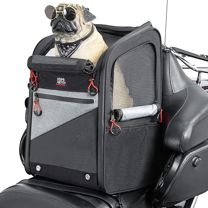 KEMIMOTO Motorcycle Dog Cat Carrier Bags Upgraded for Less Than 20 lbs Pets Carriers Portable Capacity Folding Backpack for Street Glide Road King with Passenger Seat Touring Trike Models Can AMS-Mewly Pet