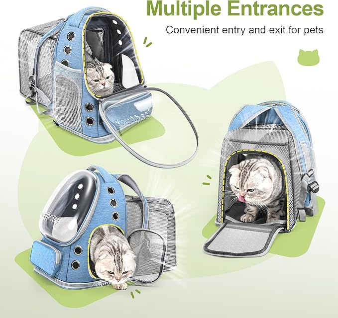 Expandable Cat Backpack,Cat Bubble Backpack Carrier for Carrying Cats, Pets and Small Dogs,Airline-Approved,Designed for Travel, Hiking, Walking,Car （Blue-Mewly Pet