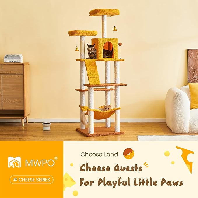 MWPO Cat Tree, 70.1-Inch Tall Cat Tower for Indoor Cats Large Adult, Multi-Level Cat Condo with 5 Scratching Posts, 2 Padded Perches, Hammock, Dangling Toys, Yellow-Mewly Pet