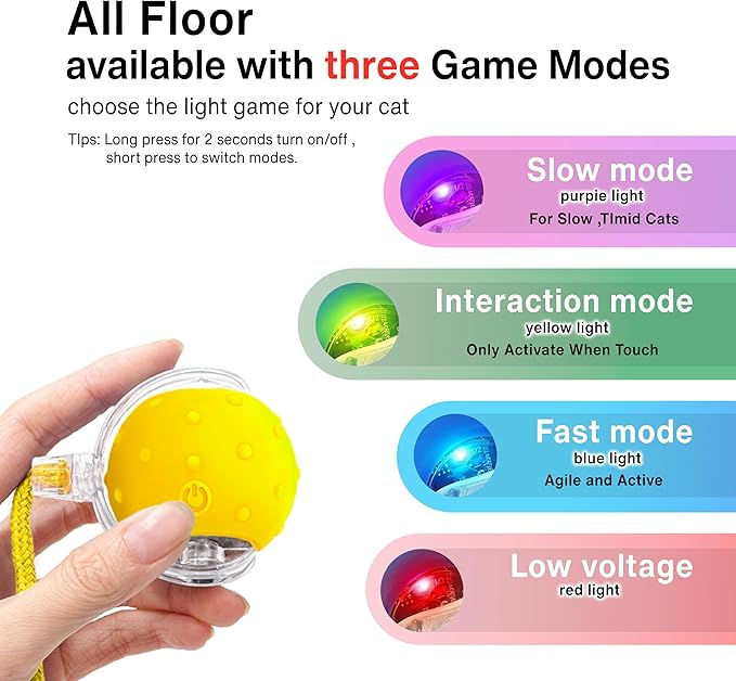 Interactive Cat Toy – Motion Activated Rolling Ball with LED Lights & 3 Play Modes & Two Different Tails - Best Toy for Indoor Cats & Kittens to Stay Active and Stimulate Hunting Instinct (Yellow)-Mewly Pet