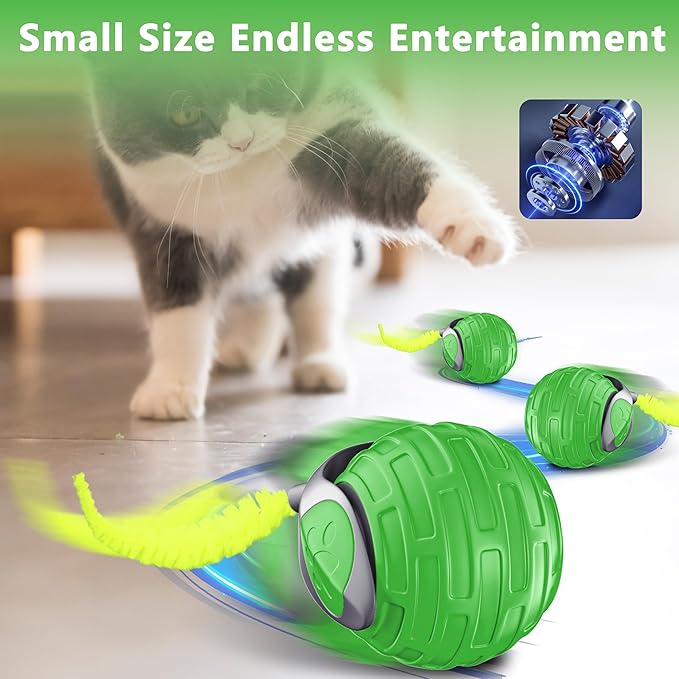 Cat Toys,Interactive Cat Toys Ball for Bored Indoor Cat,Automatic Rolling,Drop Resistant and Obstacle Avoidance,2 Modes Adjustment,Fluffy Tail and USB Type-C Rechargeable（Green）-Mewly Pet