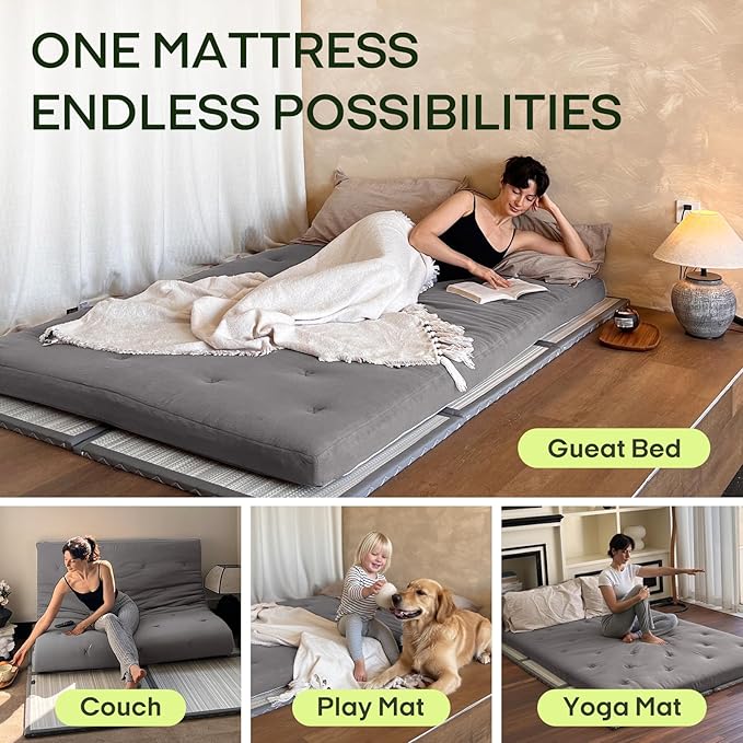 ZonLi Japanese Floor Futon Mattress Full Size 75"x 54", 100% Cotton Cover 4'' Thicken Tatami Mattress, Foldable Sleeping Pad, Portable Dormitory Tatami Mat, Roll Up Floor Lounger Bed for Adult (Grey)