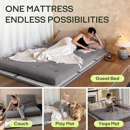 ZonLi Japanese Floor Futon Mattress Queen Size 80"x 60", 100% Cotton Cover 4'' Thicken Tatami Mattress, Foldable Sleeping Pad, Portable Dormitory Tatami Mat, Roll Up Floor Lounger Bed for Adult (Grey)