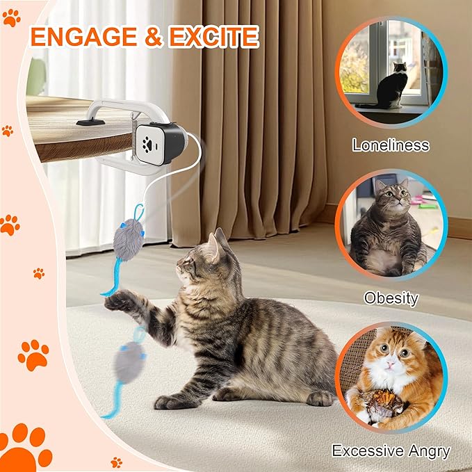 Cat Toy, Upgraded Smart Interactive Cat Toys with Remote Control, USB Rechargeable Door Hanging Retractable Kitten Toy for Self Play, Teaser Electronic Feather Cat String with 3 Plush Mice-Mewly Pet