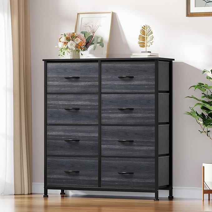 YITAHOME Cloth Dresser with 8 Drawers - Fabric Dresser for Closet, Chester Drawers for Bedroom, Hallway, Closets - Sturdy Steel Frame, Wooden Top & Easy Pull Fabric Bins, Charcoal Black Wood Grain
