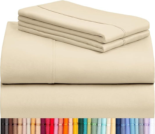 LuxClub 4 PC California King Size Sheet Set Deep Pockets Wrinkle Free Cooling Sheets Machine Washable Hotel Bedding Silky Soft - Cream California King