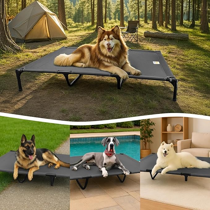 Canvas Elevated Dog Bed, Durable Chew Proof Outdoor Raised Pet Cot for Extra Large Dogs, Waterproof, Breathable, Portable, Washable, Easy Assembly, Sturdy Frame for Camping & Travel, Dark Grey-Mewly Pet