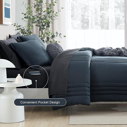 Monbix Queen Comforter Set - 7 Pieces Blue Gray Bed in a Bag Queen Bedding Sets with Comforters, All Seasons Comforter Bed Set with Sheets,Pillowcases & Shams