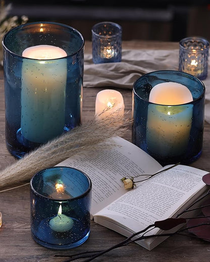Hurricane Candle Holder Set of 3 Blue Candle Holders for Pillar Candles, Seeded Bubbles Glass Candle Holder, Blue Glass Cylinder Vases for Table Centerpieces, Home, Patio and Wedding 8" 4.7" 3.5"