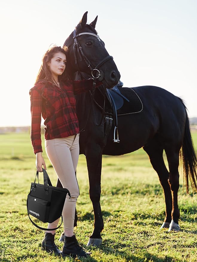 Horse Grooming Kit (12-Piece): Brushes, Storage Bag, Sweat Scraper, Mane Comb, Grooming Gloves, Horse Gift for Girls (Black)-Mewly Pet
