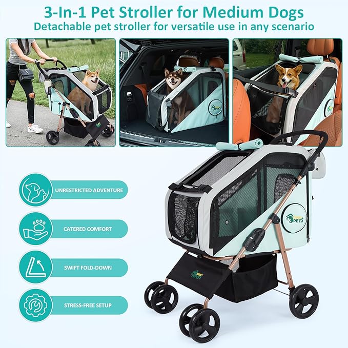 Ownpets Pet Stroller with Upgraded 4 Wheels, Foldable Dog Stroller for Medium Dogs and Cats Up to 66lbs, Detachable Carrier for Car Seat, with Storage Organizer, Cup Holder-Mewly Pet
