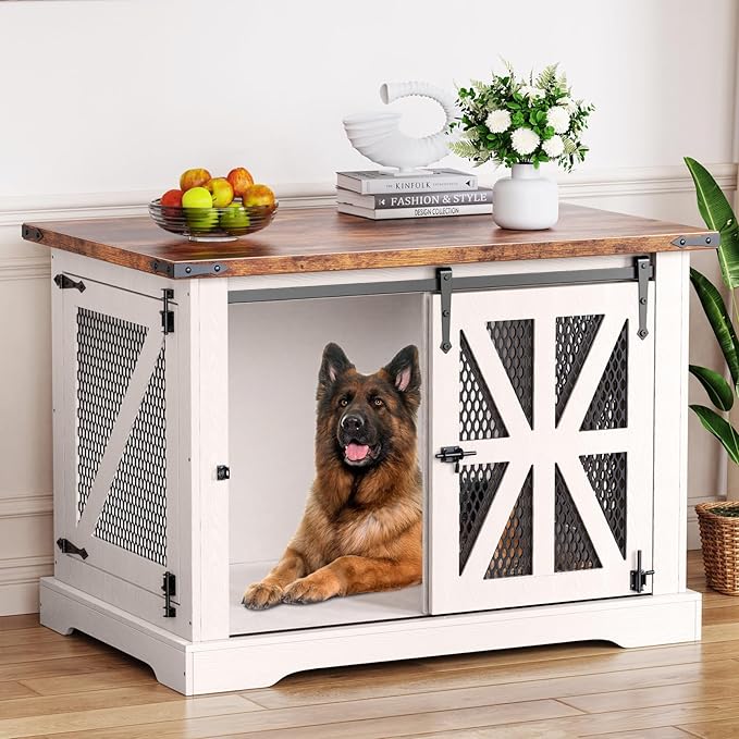 VOPEAK 43.3" XL Dog Crate Furniture, Chew Resistant Dog Crate for Medium Large Dogs, Heavy Duty Extra Large Dog Crate Dog Kennel Indoor with Double Doors, Wooden End Table for Living Room, White-Mewly Pet