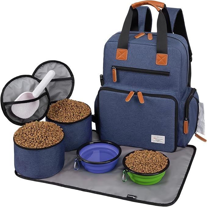 Modoker Dog Travel Bag - Airline Approved Backpack for Pet Accessories Organizer, Tote Weekend Bag with 2 Dog Food Containers, 2 Collapsible Bowls, 1 Pet Mat, Blue-Mewly Pet