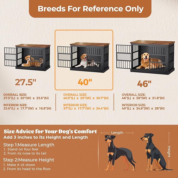 VOPEAK 40" Dog Crate Furniture, Chew Resistant Dog Crate for Dogs, Heavy Duty Dog Crates Dog Kennel Cage Indoor with Double Doors, End Table for Bedroom Living Room, Black-Mewly Pet