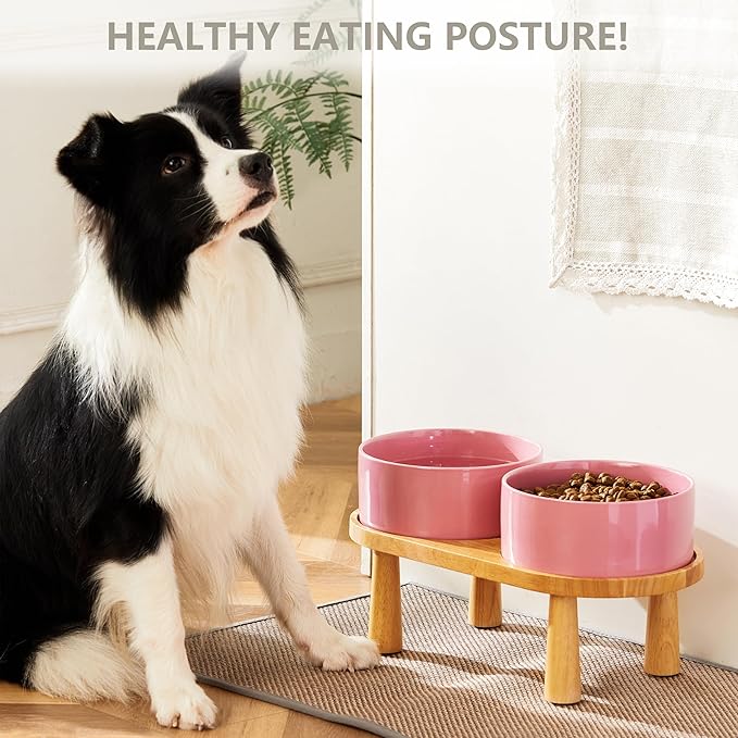 Ceramic Elevated Dog Bowls, Pet Food and Water Bowl Set for Large Dogs, 7.5 Cups Dog Bowls Raised with Wood Stand, 61OZ, Pink-Mewly Pet