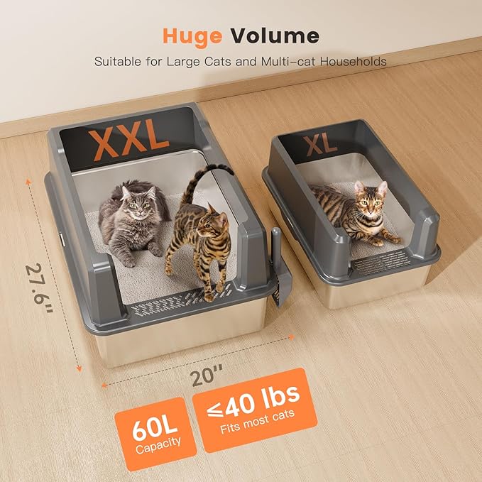 XXL Stainless Steel Cat Litter Box with High Sided, 27.6" L x 20" W x 14" H Extra Large Litter Box for Big Cats and Multiple Cats, Enclosure Cat Litter Pan with Anti-Urine Leakage, Easy Clean-Mewly Pet