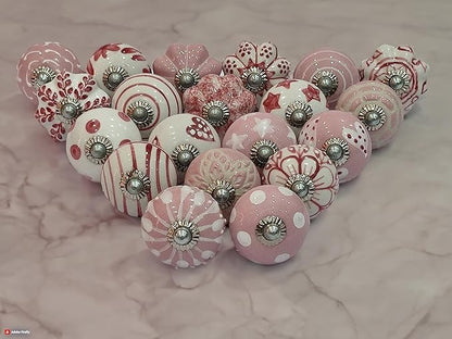 Cabinet Knobs for Dresser Drawers Assorted Multicolor Countryside Door Pull Handles for Kitchen Wardrobes Boho Home Interior Décor Pink Knobs - Pack of 20