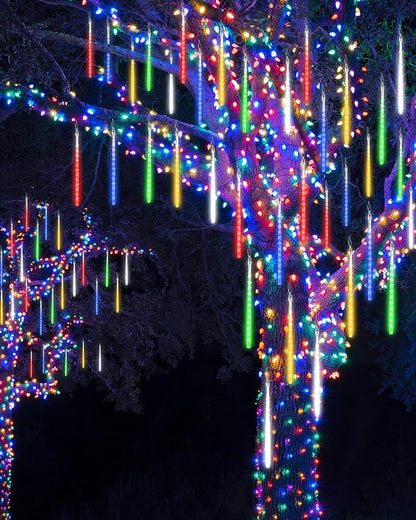 Joomer 2Pack Christmas Lights Outdoor, 11.8 inch 10 Tubes 240 LED Meteor Shower Lights, LED Falling Icicle Cascading Light with Timer Waterproof and Connectable for Christmas Decoration (Multicolor)