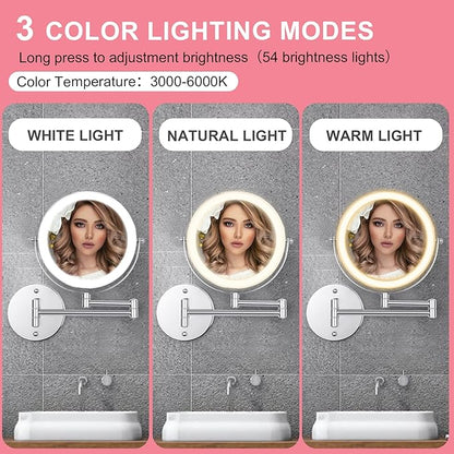 Wall Mounted Makeup Vanity Mirror with Lights, 8” Double Sided 1X/10X Wall Mount Magnifying Bathroom Shaving Mirror with 3 Color Lights, Rechargeable Touch Dimmable Extendable Cosmetic