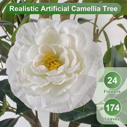 Faux Outdoor Plants 2 Pcs - 39’’ Artificial Camellia Tree Potted with White Flowers, Artificial Plants Outdoor Porch Front Door Garden Indoor Office Home Wedding Decor Housewarming Gift