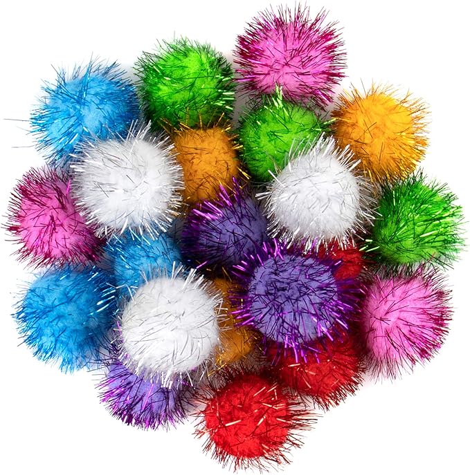 AUEAR, 20 Pack Sparkle Balls 1.5 Inches Tinsel Poms for Cats Pets Assorted Colors-Mewly Pet