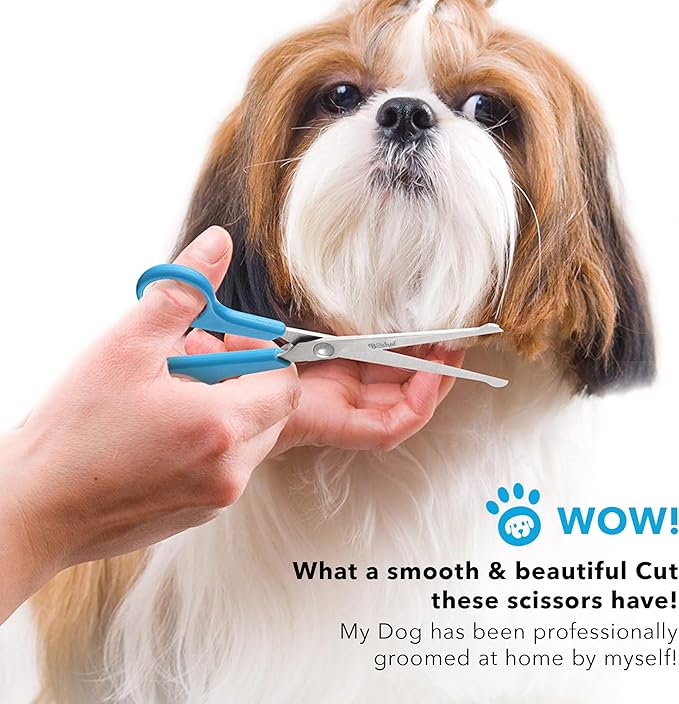 BOSHEL 3 Pc Dog Grooming Scissors Kit - 7" Scissor For Body Hair Trimming, 6" Small Micro-serrated Scissor For Face, Ear, & Paws, Thinning Shears For Dogs - Professional Dog Grooming Kit For Cat & Pet-Mewly Pet