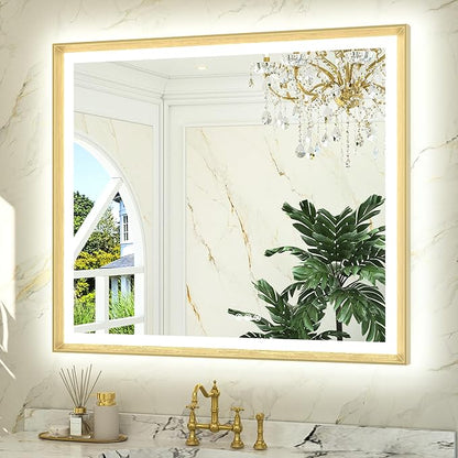 TETOTE Gold LED Bathroom Mirror with Lights 42x36 Front & Back Light Vanity Framed Mirror Baroque Anti Fog Dimmable White/Warm/Natural,CRI90+,Waterproof,Wall Mounted(Horizontal/Vertical)