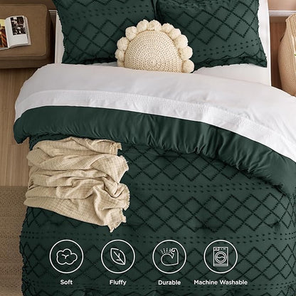 Bedsure Full Comforter Set - Forest Green Comforter, Boho Tufted Shabby Chic Bedding for Kids, 3 Pieces Vintage Farmhouse Bed Set for All Seasons, Fluffy Soft Bedding with 2 Pillow Shams