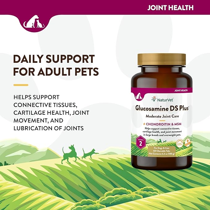 NaturVet Glucosamine DS Plus Level 2 Moderate Care Joint Support Supplement for Dogs and Cats, Chewable Tablets Time Release, Made in The USA, 60 Count-Mewly Pet