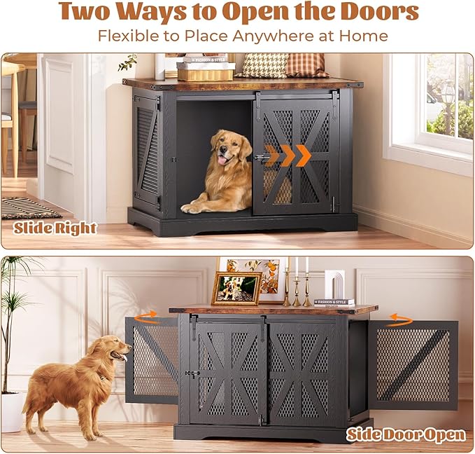 VOPEAK 40" Farmhouse Dog Crate Furniture, Heavy Duty Dog Cage for Medium Large Dogs, Dog Crate Dog Kennel Indoor with Double Doors, Chew Resistant End Table for Bedroom Living Room, Black-Mewly Pet