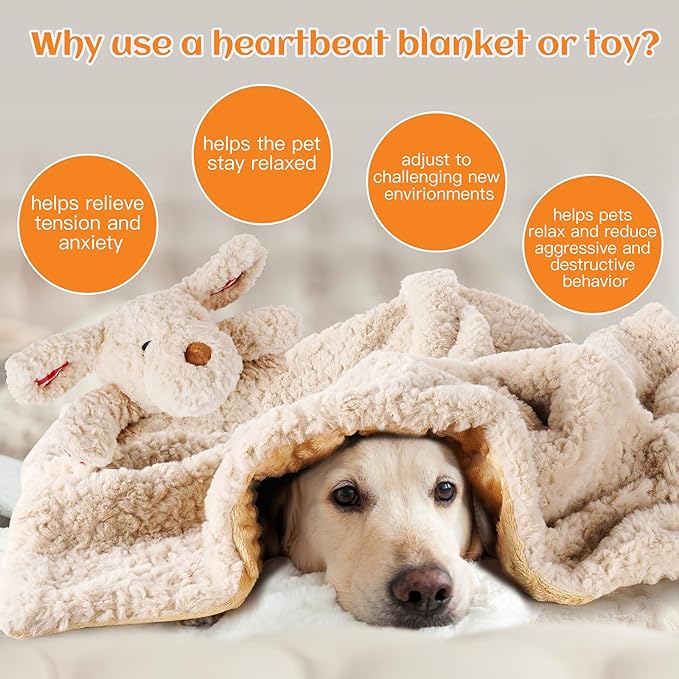 Heartbeat Toy Puppy Heartbeat Blanket for Dog Anxiety Relief, Heartbeat Stuffed Animal for Puppy Calming Aid Behavioral Aid, Comfort Cuddle Toy for Dogs Cats Pets…-Mewly Pet